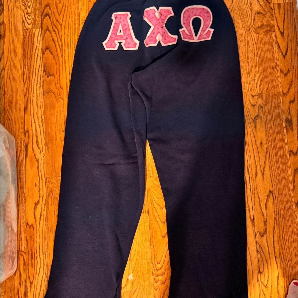 Vintage Alpha Chi Omega navy sweatpants with Greek sorority Letters